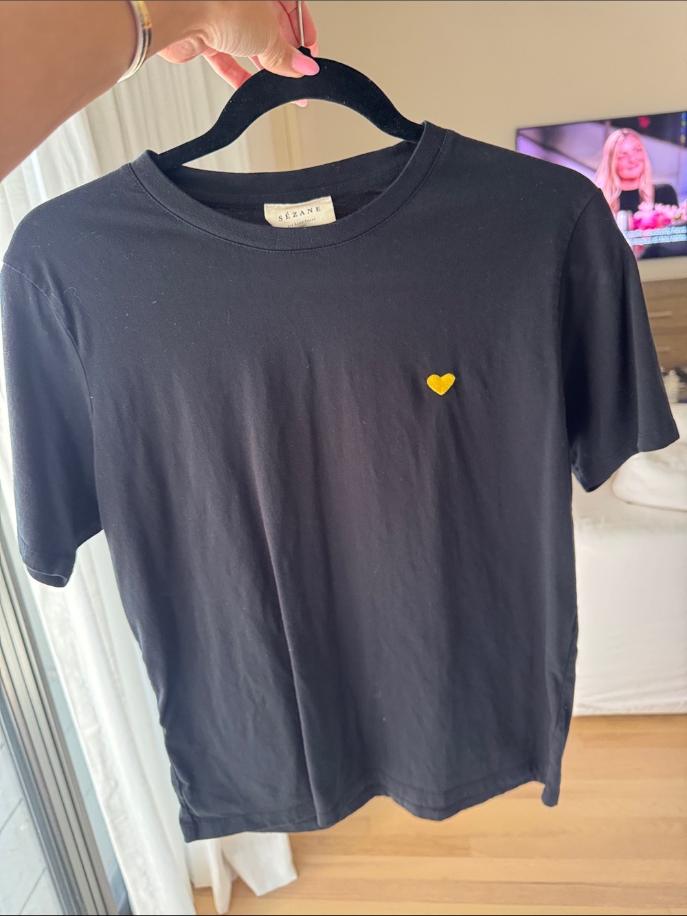 Black T-Shirt with Yellow Heart Embroidery